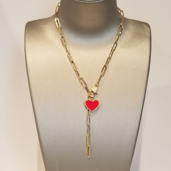 Red Enamel Heart Gold Paperclip Chain Necklace - Picture 5 of 7